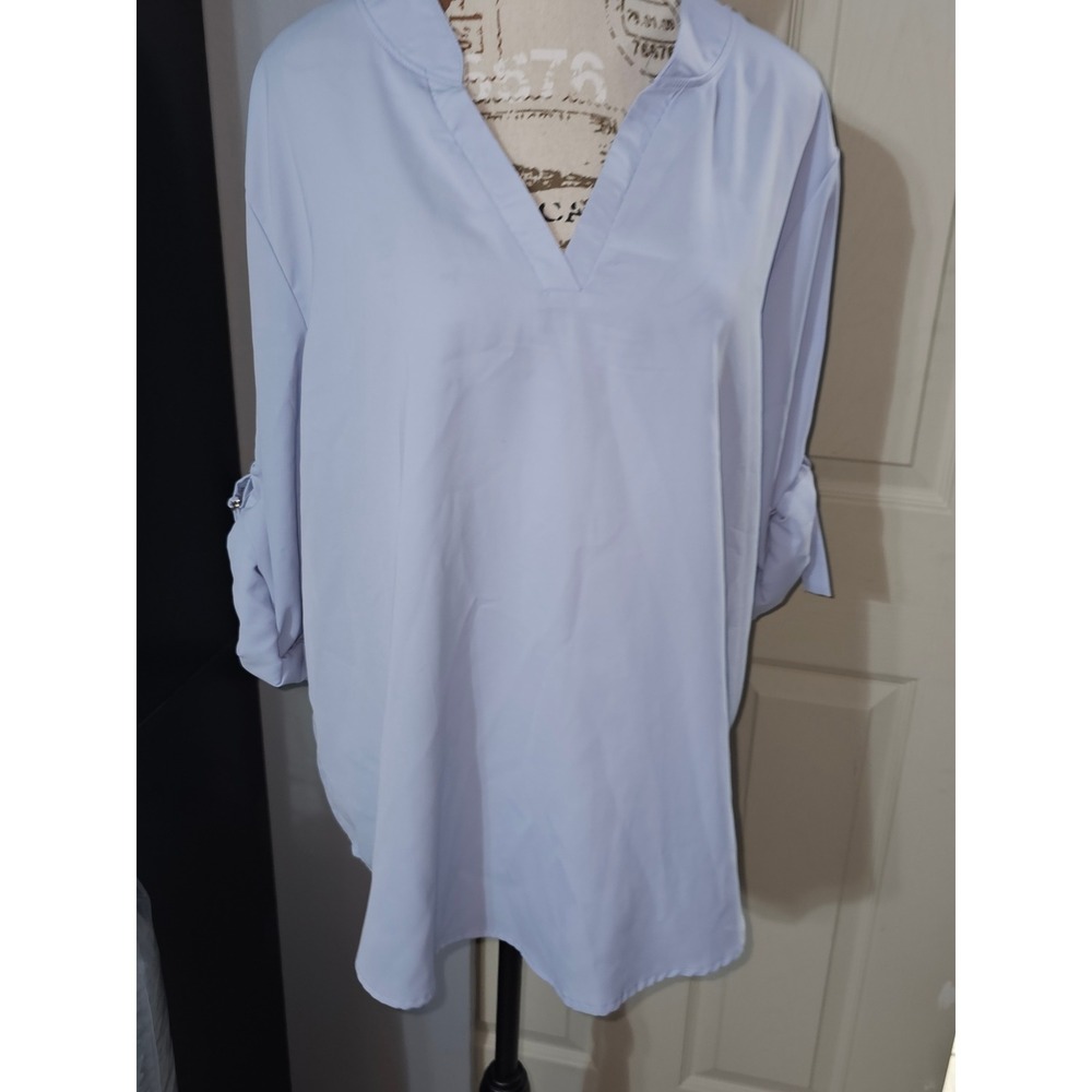 Roswear Light Blue V-Neck Roll Tab Sleeve Tunic Blouse XL